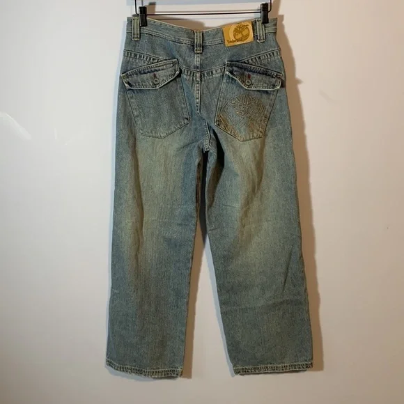 Timberland medium wash vintage Y2k wide leg jeans embroidered tight logo boys 18 - Picture 2 of 10